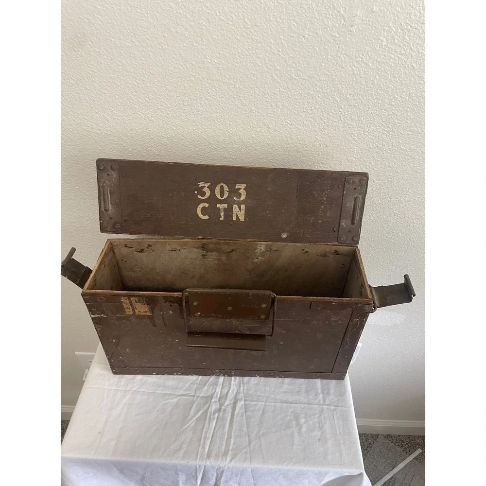 Vintage .303 Ball Mk 7 Ammo Crate Military Wooden Box Brown Fair Stenciled Latch